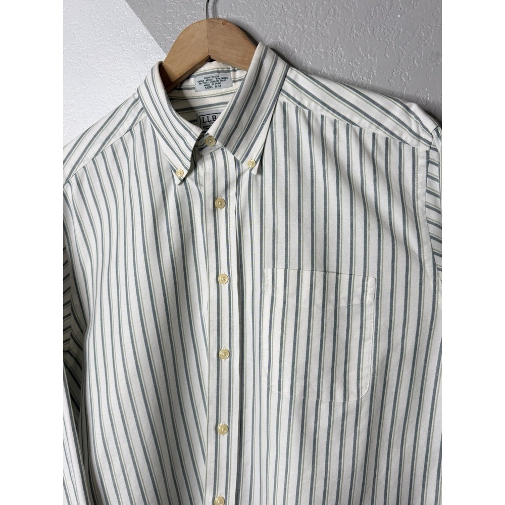 L.L.Bean Men's 16-34 White Green Striped Button Down Oxford Shirt Cotton READ